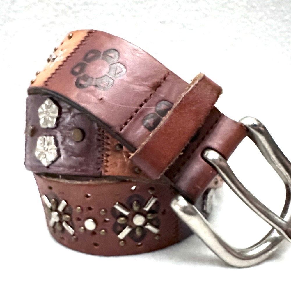Fossil Y2K M 33"-37" Brown Leather Floral Patchwork Studded Belt Metallic Boho